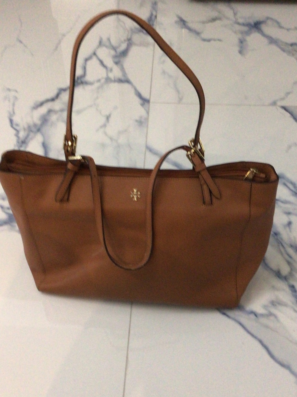 Tory Burch Cognac Brown Leather Tote with Gold Logo